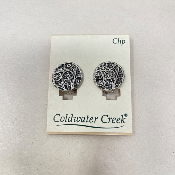 Coldwater Creek Clip On Earrings Abstract Filigree Swirl Round Silver-Tone - Picture 2 of 6